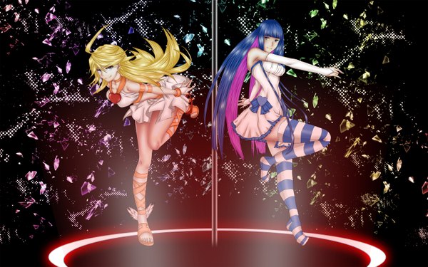 Anime picture 3000x1875 with panty & stocking with garterbelt anarchy stocking anarchy panty looking at viewer highres blue eyes blonde hair smile wide image multiple girls green eyes blue hair pink hair ahoge multicolored hair barefoot legs colored inner hair girl thighhighs