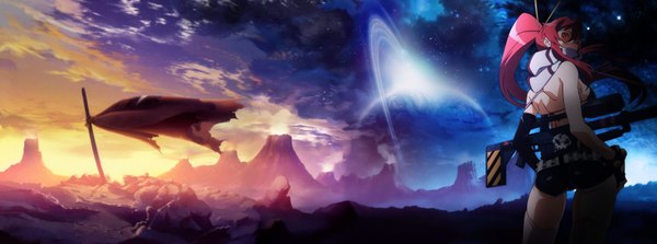 Anime picture 3360x1251 with tengen toppa gurren lagann gainax yoko littner highres wide image absurdres sky cloud (clouds) from behind scan evening sunset mountain landscape scenic volcano girl weapon sword katana