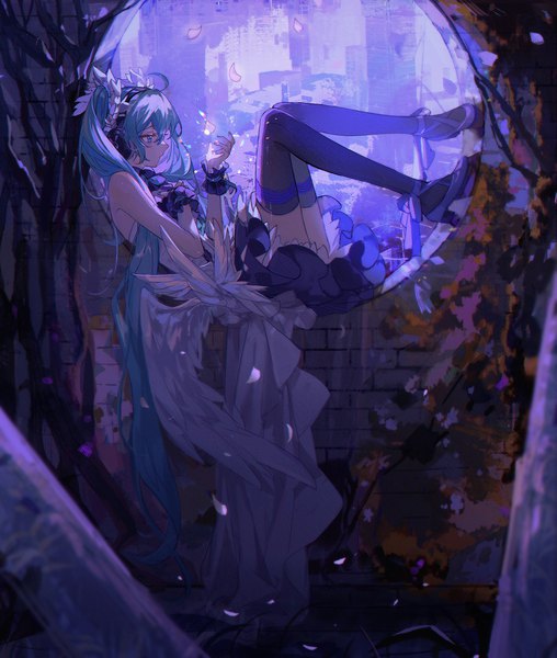 Anime picture 1700x2006 with 7th dragon 2020 vocaloid hatsune miku kanose single tall image fringe hair between eyes twintails full body ahoge very long hair profile aqua eyes aqua hair high heels white wings low wings girl thighhighs