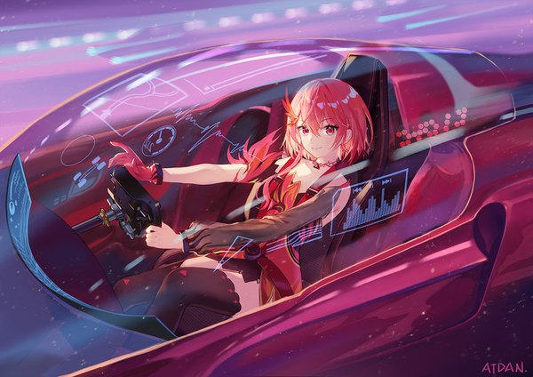 Anime picture 1415x1000 with vocaloid synthesizer v chiyu (synthesizer v) atdan single looking at viewer fringe short hair smile hair between eyes red eyes sitting signed red hair from above slit pupils transparent driving girl thighhighs