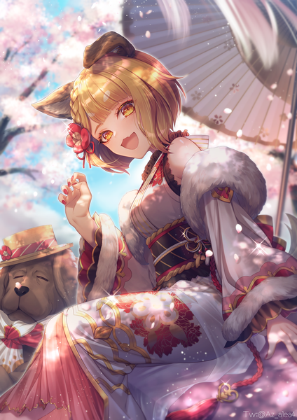 Anime picture 1013x1433 with granblue fantasy vajra (granblue fantasy) azalea4 single tall image looking at viewer fringe short hair open mouth blonde hair sitting signed animal ears yellow eyes blunt bangs :d sparkle fur trim twitter username cherry blossoms