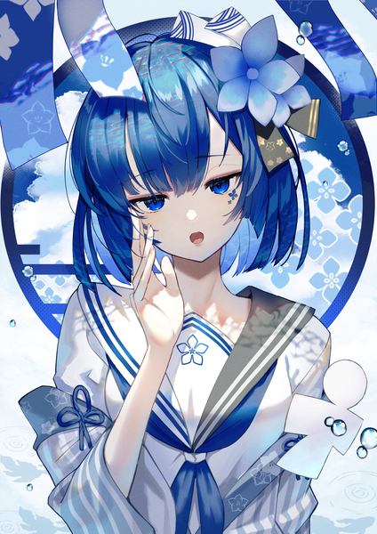 Anime picture 2121x3000 with original scottie (phantom2) single tall image looking at viewer fringe highres short hair open mouth blue eyes blue hair upper body blunt bangs head tilt hair flower off shoulder wide sleeves :o facial mark hand on chest