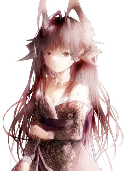 Anime picture 1493x2061 with original sa'yuki single long hair tall image looking at viewer fringe simple background red eyes standing bare shoulders payot cleavage ahoge red hair traditional clothes japanese clothes horn (horns) light smile pointy ears