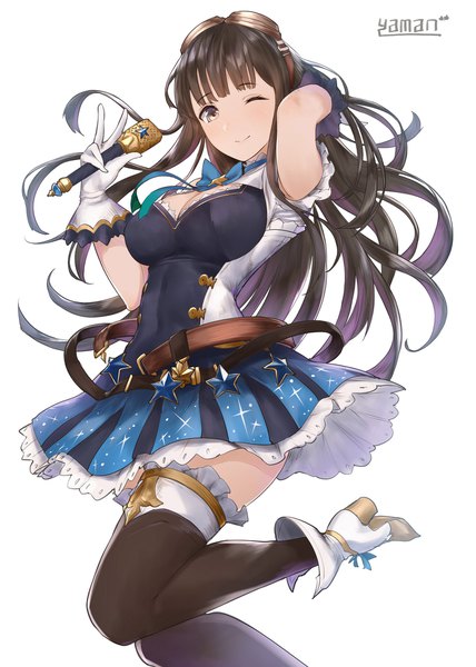Anime picture 1500x2100 with granblue fantasy jessica (granblue fantasy) yaman (yamanta lov) single long hair tall image looking at viewer breasts black hair simple background large breasts white background holding brown eyes signed one eye closed light smile wink high heels adjusting hair