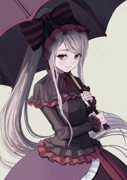 Anime picture 712x1007 with overlord (maruyama) madhouse shalltear bloodfallen fagi (kakikaki) single long hair tall image looking at viewer blush fringe simple background red eyes standing holding payot silver hair ponytail long sleeves light smile grey background