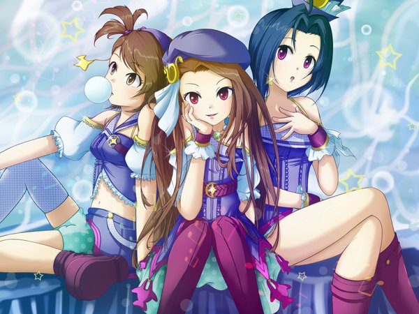 Anime picture 1600x1200 with idolmaster idolmaster (classic) minase iori miura azusa futami ami pobii black hair red eyes brown hair multiple girls brown eyes pink eyes group palace of dragon (idolmaster) girl hat star (symbol) 3 girls bubble (bubbles)