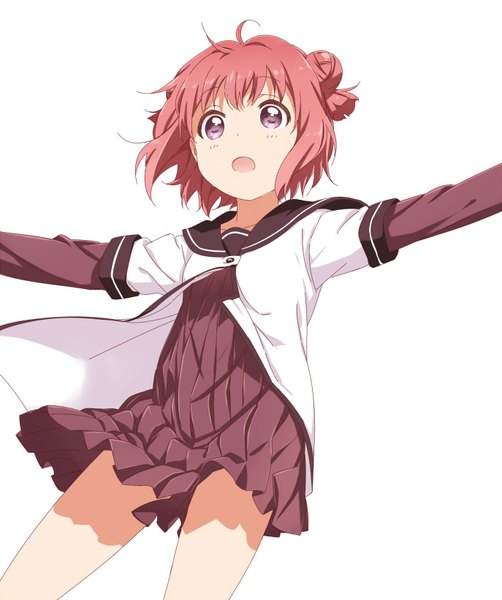 Anime picture 687x820 with yuru yuri doga kobo akaza akari shikou sakugo (qqap9gt9k) single tall image short hair open mouth simple background white background purple eyes looking away pink hair hair bun (hair buns) spread arms girl uniform serafuku