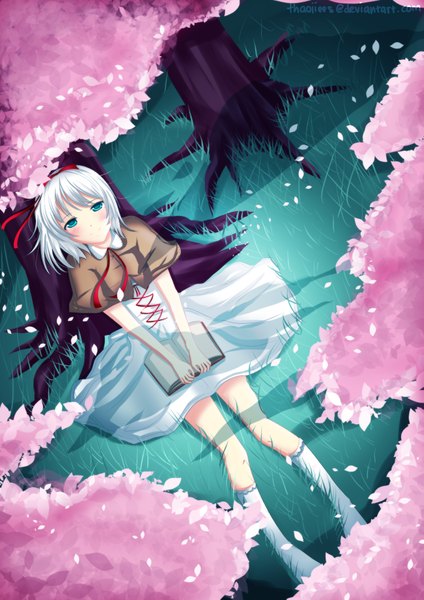 Anime picture 2893x4092 with original thaoiiees single tall image blush highres short hair smile white hair aqua eyes from above cherry blossoms girl dress ribbon (ribbons) plant (plants) hair ribbon tree (trees) socks book (books)