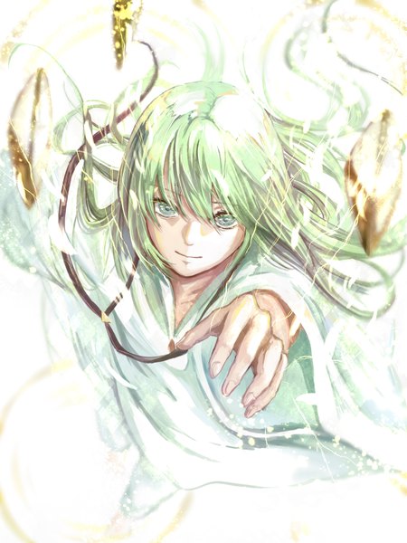 Anime picture 1668x2224 with fate (series) fate/strange fake enkidu (fate) noraillust single long hair tall image looking at viewer fringe hair between eyes green eyes green hair from above outstretched hand androgynous boy