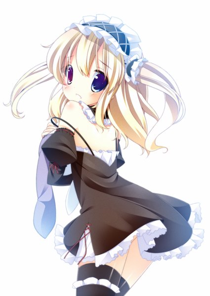 Anime picture 1200x1694 with touhou hasegawa kobato zefa (neoaltemice) single long hair tall image looking at viewer blush simple background blonde hair bare shoulders looking back loli heterochromia black background girl thighhighs dress black thighhighs hairband