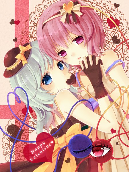 Anime picture 660x880 with touhou komeiji koishi komeiji satori nunucco long hair tall image blush short hair blue eyes bare shoulders multiple girls holding pink hair silver hair parted lips pink eyes mouth hold holding hands valentine heart of string
