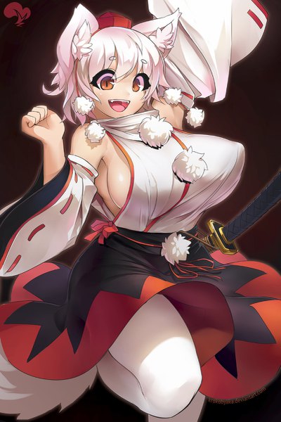 Anime picture 801x1200 with touhou inubashiri momiji krokobyaka single tall image looking at viewer short hair breasts light erotic smile large breasts brown eyes animal ears white hair tail animal tail arm up fang (fangs) sideboob covered nipples