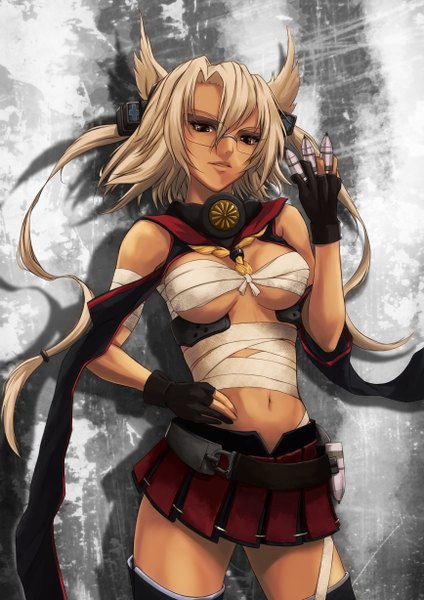 Anime picture 868x1228 with kantai collection musashi super battleship din (raiden) single long hair tall image looking at viewer breasts light erotic blonde hair twintails brown eyes dark skin girl gloves navel hair ornament miniskirt glasses fingerless gloves
