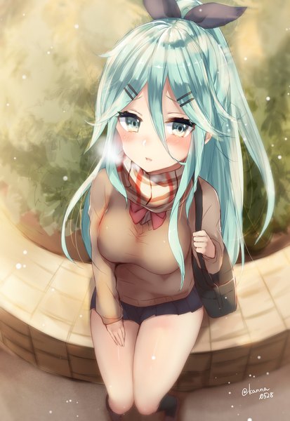 Anime picture 1380x2004 with kantai collection yamakaze (kantai collection) sakiryo kanna single long hair tall image looking at viewer blush fringe breasts light erotic hair between eyes large breasts sitting holding signed ponytail long sleeves very long hair parted lips