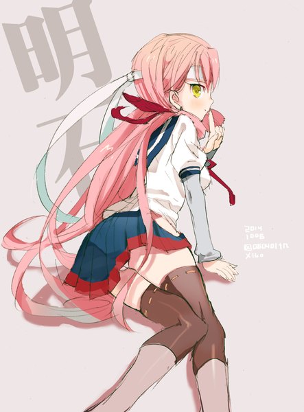 Anime picture 739x1000 with kantai collection akashi repair ship merueto single long hair tall image looking at viewer light erotic simple background sitting yellow eyes pink hair profile grey background pantyshot finger to mouth girl thighhighs uniform underwear