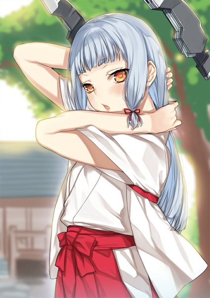 Anime picture 707x1000 with kantai collection murakumo destroyer deras single long hair tall image blush open mouth brown eyes blue hair traditional clothes tress ribbon girl hair ornament ribbon (ribbons) hair ribbon