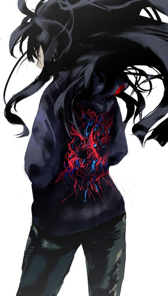Anime picture 1024x1800 with original nyo-ra single long hair tall image fringe black hair simple background red eyes standing white background looking away from behind hands in pockets girl jacket