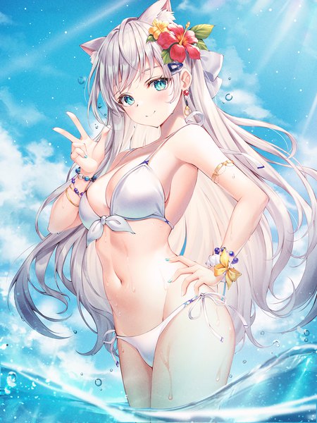 Anime picture 1500x2000 with original mellozzo single long hair tall image looking at viewer blush fringe breasts blue eyes light erotic smile large breasts standing animal ears sky cleavage silver hair cloud (clouds) outdoors