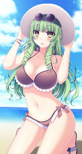 Anime picture 1500x2800 with original a1q2sw single long hair tall image breasts light erotic sky cloud (clouds) green hair drill hair sunglasses on head girl navel swimsuit hat bikini frills sunglasses