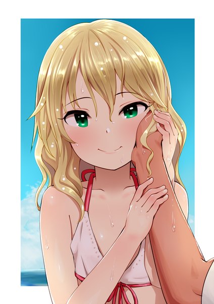 Anime picture 707x1000 with idolmaster idolmaster cinderella girls sakurai momoka pettan p long hair tall image looking at viewer blush breasts blonde hair smile green eyes sky wet holding hands border flat chest solo focus outside border hand on cheek