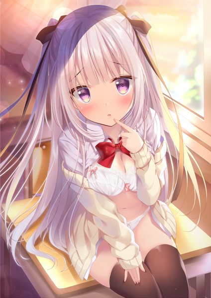 Anime picture 636x900 with original shibainu niki single long hair tall image looking at viewer blush fringe breasts open mouth light erotic sitting purple eyes silver hair indoors blunt bangs from above sunlight open clothes two side up