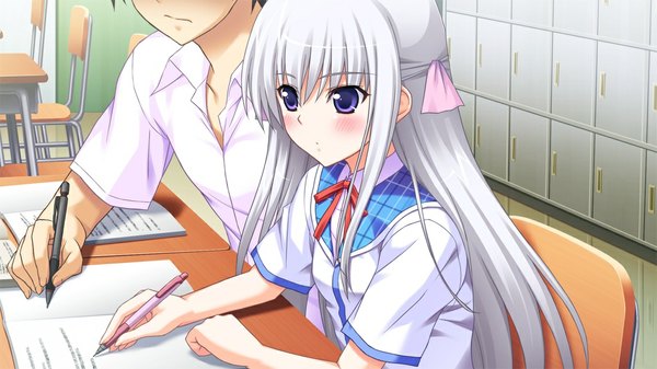 Anime picture 1024x576 with primary step long hair blush wide image purple eyes game cg white hair girl serafuku