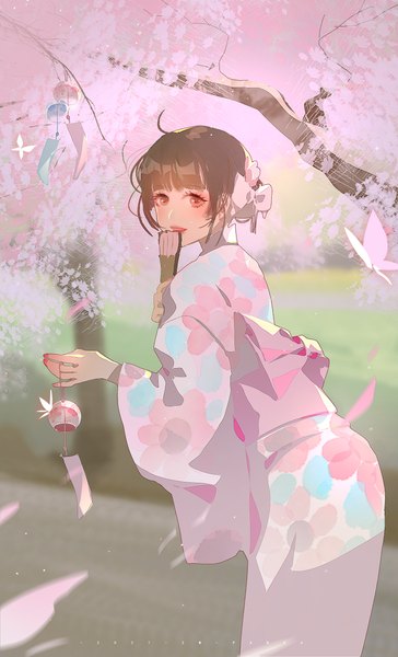 Anime picture 1803x2970 with original zm-panda- single tall image looking at viewer blush fringe highres short hair open mouth brown hair standing holding signed cloud (clouds) outdoors blunt bangs long sleeves traditional clothes :d