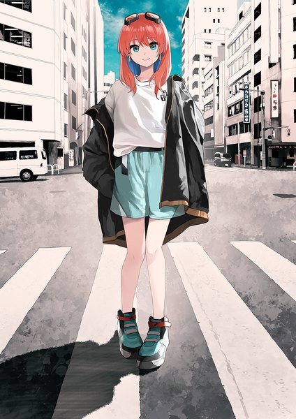 Anime picture 1000x1414 with virtual youtuber aq arium tadase kairi morifumi single long hair tall image looking at viewer fringe smile hair between eyes standing blue hair full body outdoors long sleeves multicolored hair aqua eyes orange hair open clothes