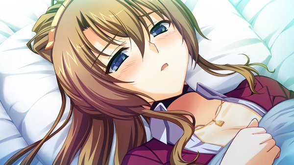 Anime picture 2560x1440 with akatsuki no goei miyagawa kiyomi tomose shunsaku single long hair looking at viewer blush highres open mouth blue eyes brown hair wide image game cg girl dress