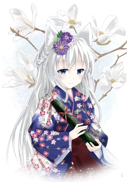 Anime picture 1050x1500 with original geso (nekomachi) single long hair tall image looking at viewer blush blue eyes animal ears white hair traditional clothes japanese clothes hair flower graduation girl hair ornament flower (flowers) kimono