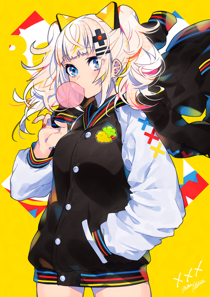 Anime picture 1273x1800 with virtual youtuber the moon studio kaguya luna mika pikazo single tall image looking at viewer blush fringe short hair breasts blue eyes simple background standing twintails signed payot blunt bangs long sleeves nail polish