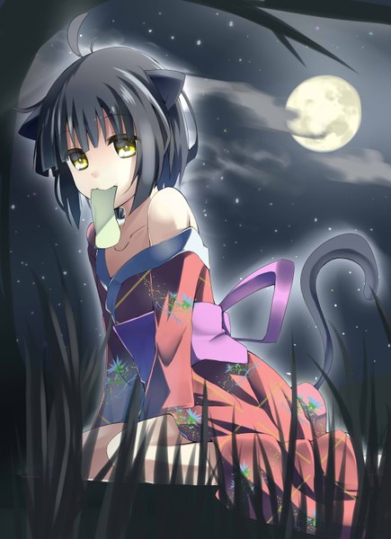 Anime picture 2208x3047 with original makadamia single tall image looking at viewer highres short hair black hair sitting bare shoulders holding animal ears yellow eyes cloud (clouds) animal tail night sky mouth hold girl plant (plants) tree (trees)