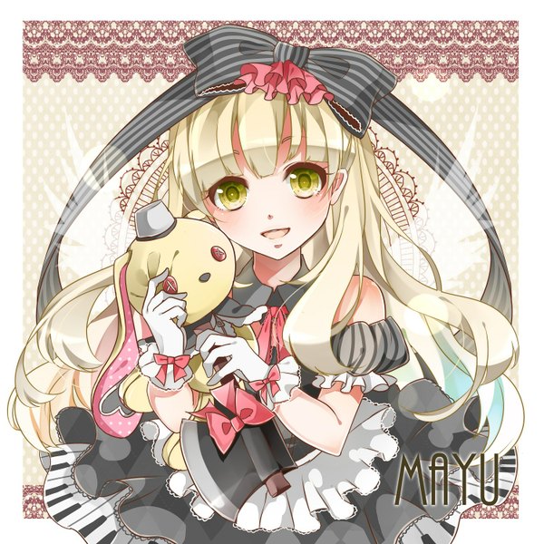 Anime picture 1500x1500 with vocaloid mayu (vocaloid) usano mimi nou single long hair blush open mouth blonde hair yellow eyes character names border striped outside border alternate color girl gloves bow hair bow detached sleeves