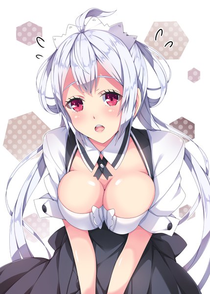 Anime picture 715x1000 with phantasy star phantasy star online 2 sega matoi (pso2) milkpanda single long hair tall image looking at viewer blush breasts open mouth light erotic red eyes cleavage silver hair ahoge maid girl dress