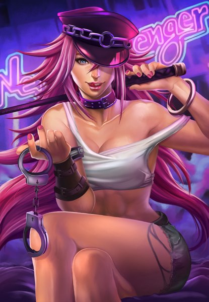 Anime picture 1107x1600 with street fighter final fight capcom poison (final fight) cmorilla (artist) single long hair tall image looking at viewer blue eyes light erotic sitting holding pink hair nail polish fingernails light smile lips off shoulder no bra