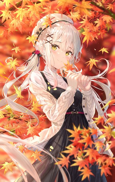 Anime picture 2245x3554 with original na kyo single long hair tall image looking at viewer blush fringe highres smile hair between eyes standing holding yellow eyes silver hair outdoors long sleeves wind arms up autumn