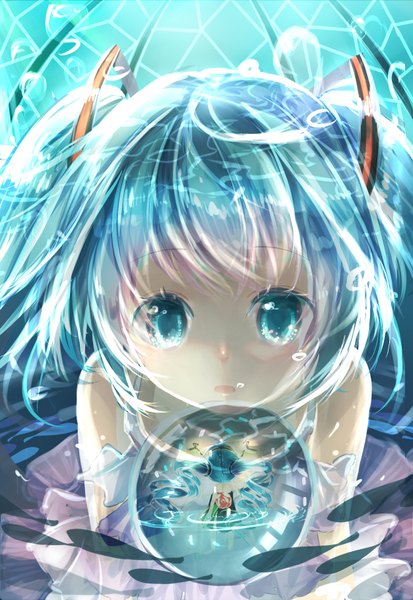 Anime picture 1251x1818 with vocaloid hatsune miku lu (tabasa1991) long hair tall image looking at viewer open mouth twintails aqua eyes aqua hair girl hair ornament bubble (bubbles)
