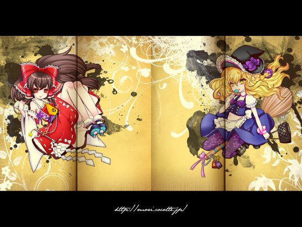 Anime picture 1600x1200 with touhou hakurei reimu kirisame marisa highres japanese clothes miko contemporary girl broom gohei