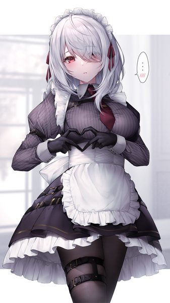 Anime picture 1008x1793 with original lenne (oyuwari) oyuwari single long hair tall image looking at viewer blush fringe red eyes standing silver hair long sleeves hair over one eye maid puffy sleeves skindentation letterboxed outside border heart hands