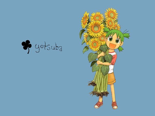 Anime picture 1600x1200 with yotsubato koiwai yotsuba azuma kiyohiko blue background sunflower