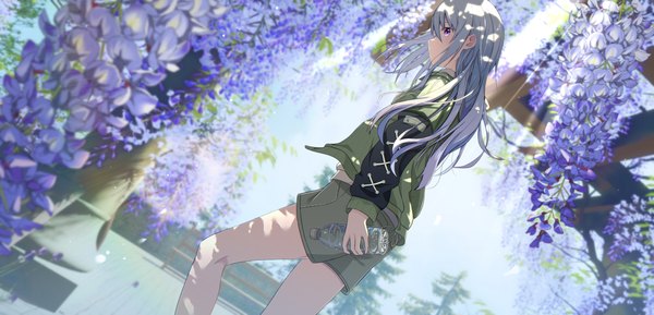 Anime picture 5136x2474 with original cac itinose single long hair fringe highres hair between eyes wide image purple eyes holding absurdres silver hair profile sunlight from below spring girl flower (flowers) shorts bottle