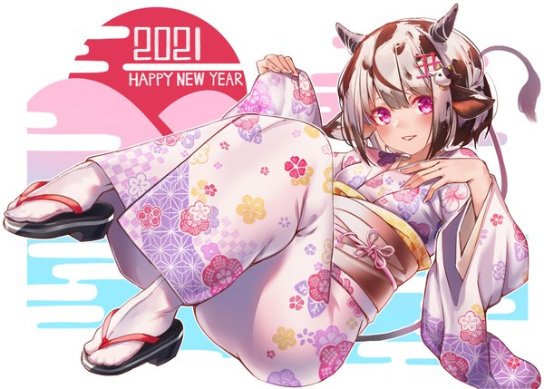Anime picture 3624x2591 with original hachiroku (hatirokusann86) single looking at viewer highres short hair black hair animal ears absurdres silver hair full body tail traditional clothes japanese clothes animal tail pink eyes multicolored hair horn (horns) two-tone hair new year