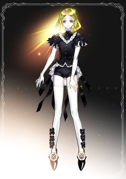 Anime picture 707x1000 with houseki no kuni yellow diamond (houseki no kuni) bloodcat (babacatcat) single tall image looking at viewer short hair blonde hair signed yellow eyes full body alternate costume zettai ryouiki character names gradient background androgynous thighhighs bow white thighhighs