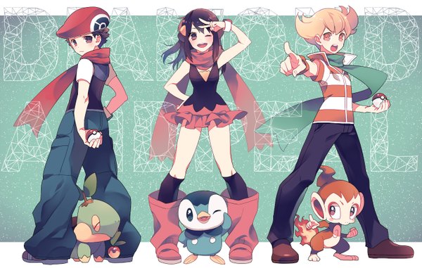 Anime-Bild 1417x900 mit pokemon pokemon dppt nintendo dawn (pokemon) piplup turtwig chimchar lucas (pokemon) pearl (pokemon) gum (gmng) looking at viewer short hair open mouth black hair blonde hair brown eyes one eye closed wink multiple boys hand on hip