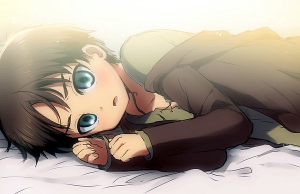 Anime picture 1000x647 with shingeki no kyojin production i.g eren yaeger kl single looking at viewer short hair open mouth blue eyes brown hair lying alternate age younger boy bed child (children)