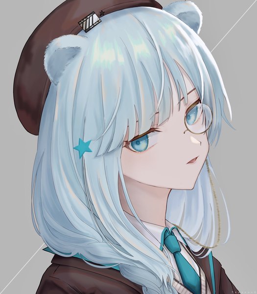 Anime picture 3500x4000 with arknights istina (arknights) wozuya single long hair tall image looking at viewer highres blue eyes simple background animal ears blue hair absurdres grey background portrait bear ears girl hair ornament beret star hair ornament