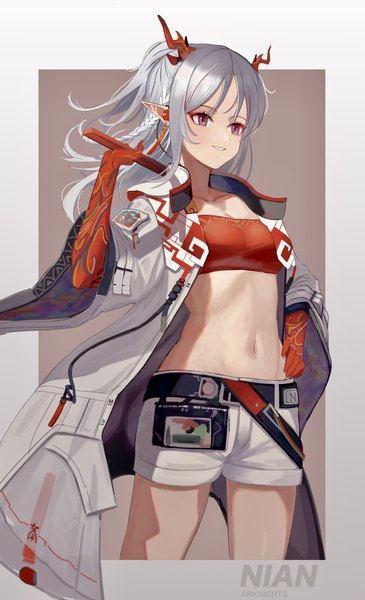 Anime picture 2721x4477 with arknights nian (arknights) teruru (teruru0321) single long hair tall image highres smile standing purple eyes looking away silver hair horn (horns) open jacket midriff copyright name character names hand on hip border half updo