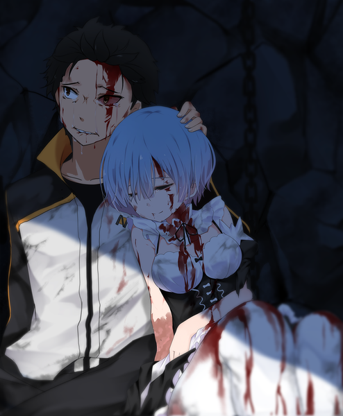 Anime picture 1236x1500 with re:zero kara hajimeru isekai seikatsu white fox rem (re:zero) natsuki subaru bba1985 tall image blush fringe short hair black hair blue hair eyes closed black eyes couple tears girl dress boy blood chain