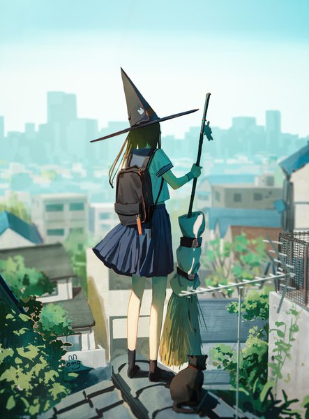 Anime picture 2066x2799 with original omegu single long hair tall image highres brown hair standing full body outdoors from behind city cityscape girl uniform hat animal serafuku cat witch hat