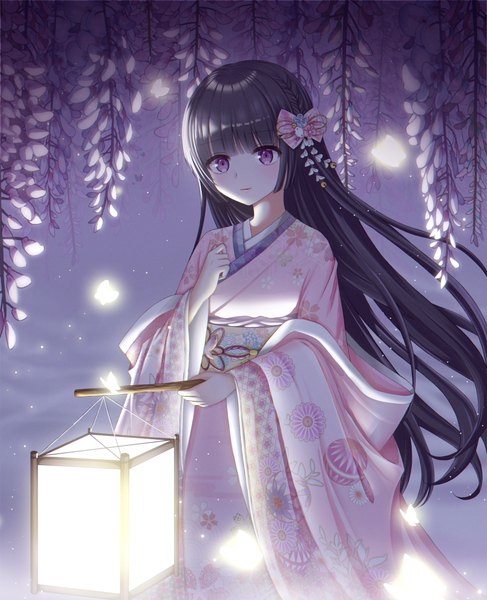 Anime picture 4059x5000 with original pora 0918 single long hair tall image looking at viewer blush fringe highres black hair standing purple eyes holding payot absurdres outdoors blunt bangs traditional clothes head tilt japanese clothes